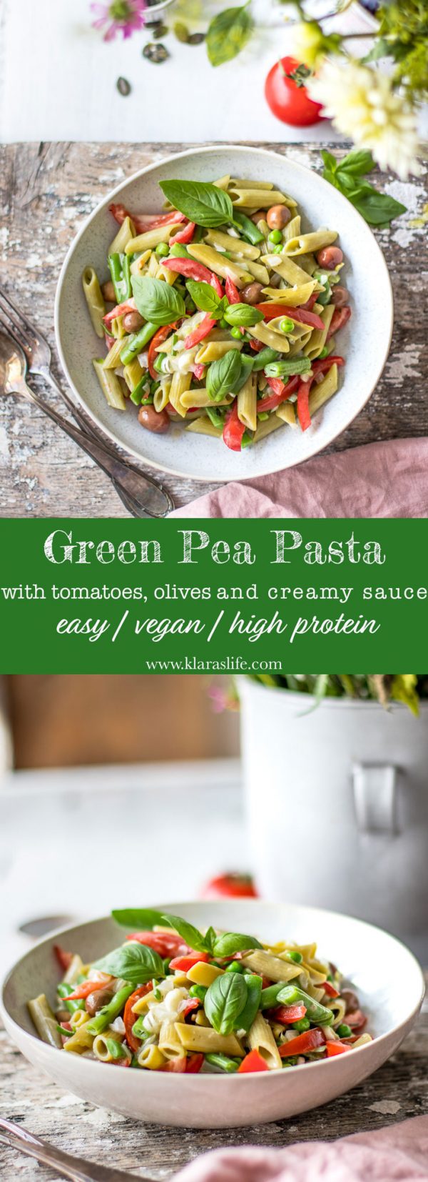 Green Pea Pasta with creamy sauce easy and vegan recipe Klara`s Life