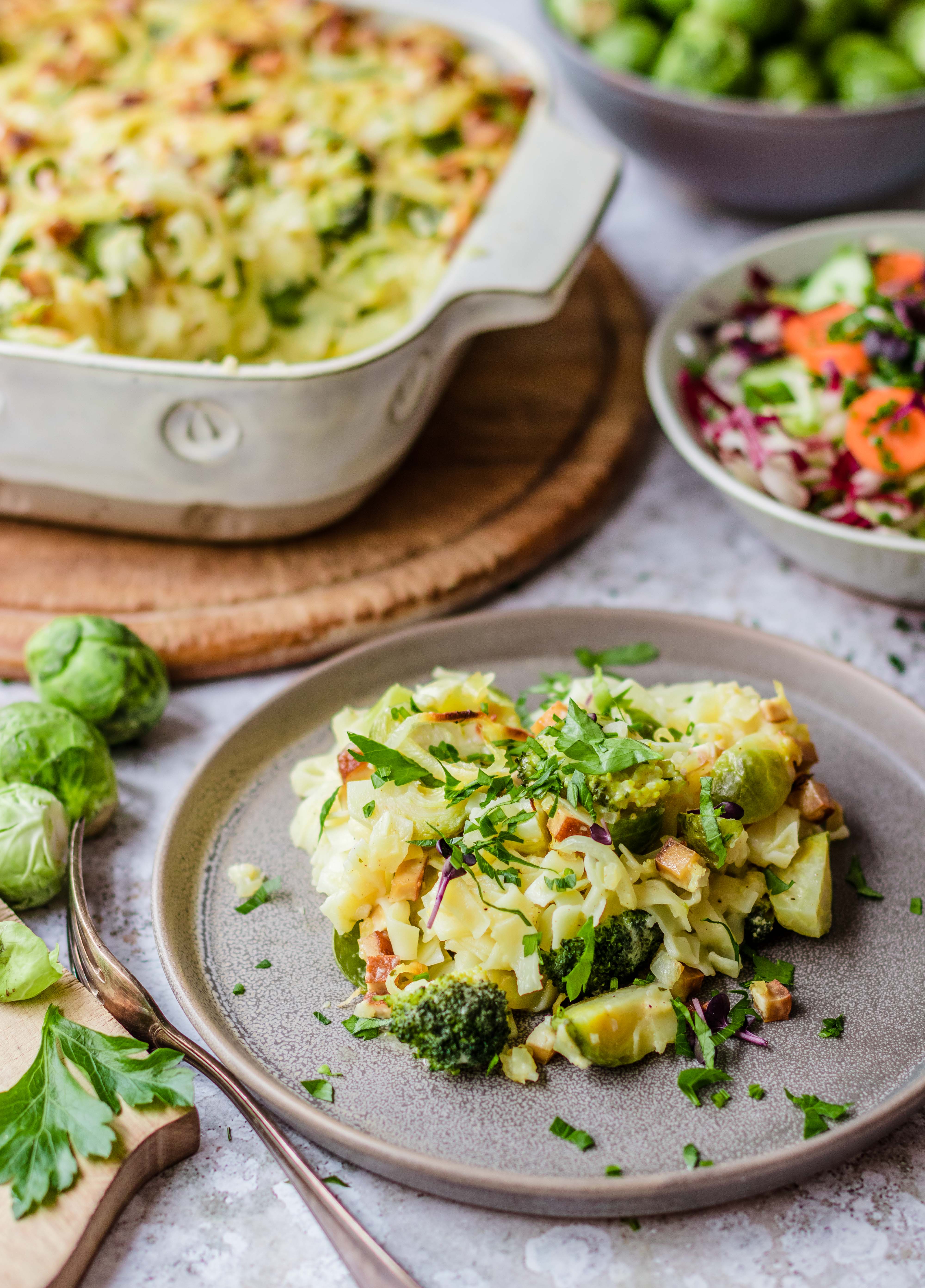 Brussels sprouts pasta bake