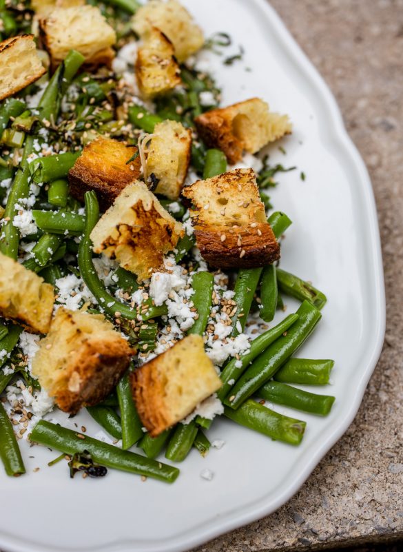 Green bean salad with croutons and feta cheese Klara`s Life